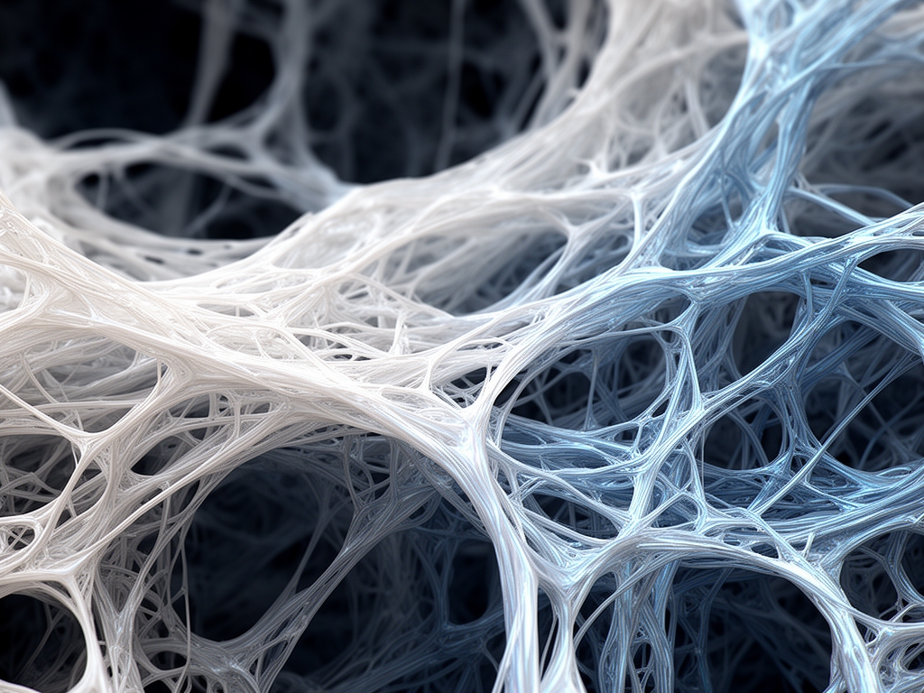 Microscopie artistique de fibres de collagène naturel, tons blanc et bleu nacré sur fond sombre, textures entrelacées en réseau organique