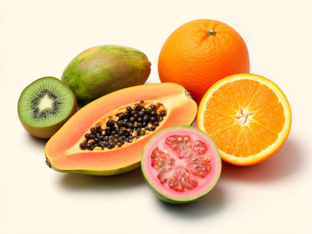 Fruits tropicaux entiers (papaye, kiwi, orange, goyave) coupés en tranches exposant leur chair sur fond blanc cassé avec ombres douces