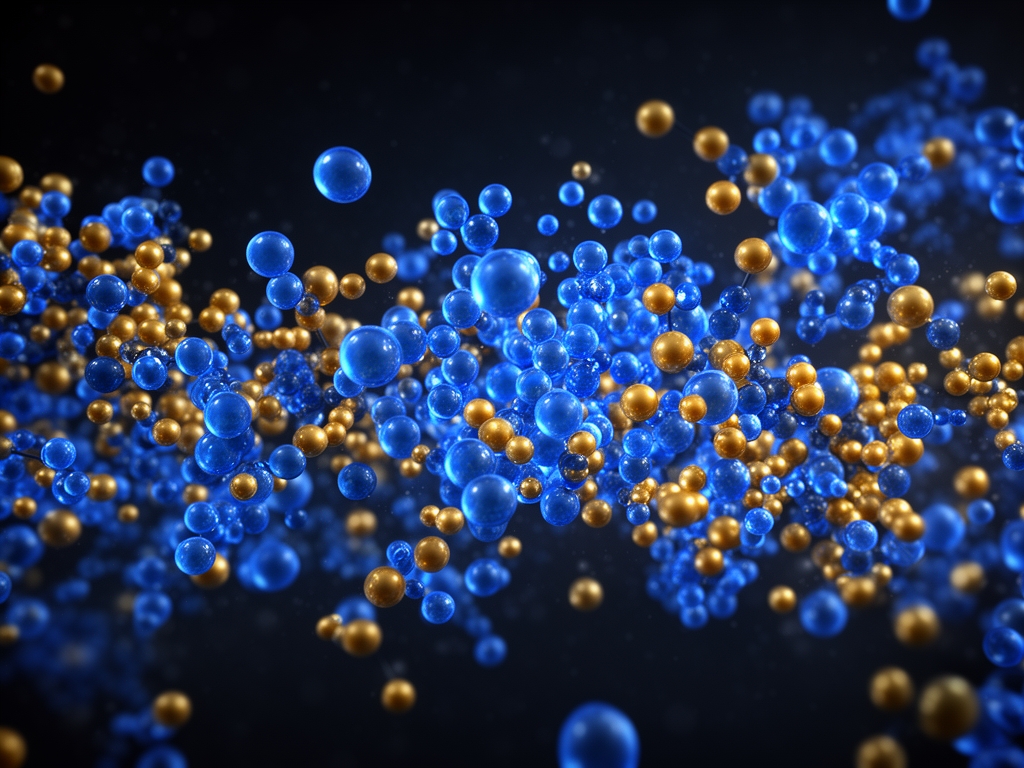 Vue cinématographique de molécules antioxydantes abstraites représentées par des sphères lumineuses bleues et dorées sur fond sombre, évoquant la biochimie naturelle